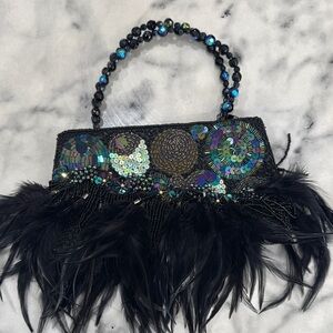 Chico's Black and Multicolor Beaded Feather Clutch